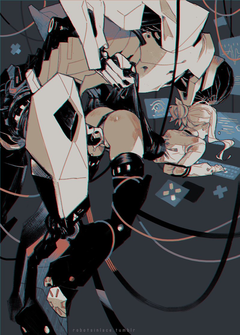 1boy 1girl ass bent_over black_panties clothes_grab clothing_aside criticality_(robots_&amp;_lace) erection hair_bun hetero humanoid_robot computer_keyboard leaning_forward long_hair loose_hair_strand monitor original panties panties_aside prosthesis prosthetic_leg ratio_(robots_&amp;_lace) robot robots_&amp;_lace sarah_stone science_fiction sex sex_from_behind size_difference typing underwear vaginal white_hair