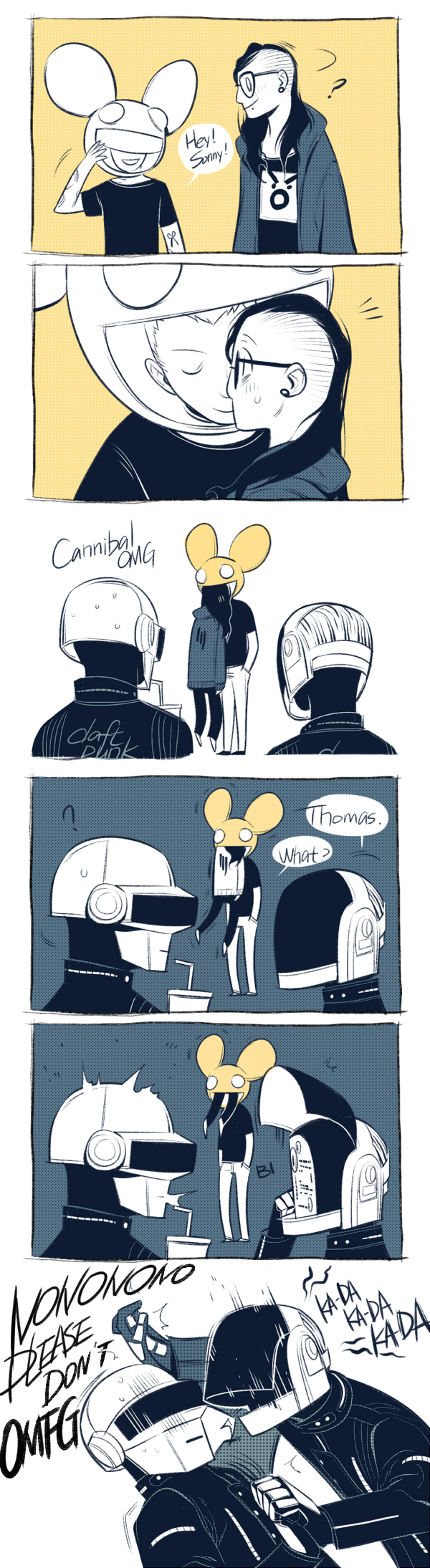 4boys ? bad_id bad_pixiv_id bald closed_eyes comic cup daft_punk deadmau5 drinking_straw earrings english_text glasses guy_manuel_de_homem-christo helmet highres jewelry jotman kiss long_hair long_image male_focus mask motion_lines multiple_boys simple_background skrillex speech_bubble spitting talking tall_image thomas_bangalter turning_head yaoi yellow_background