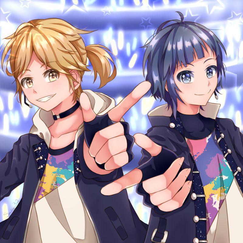 2boys ahoge black_choker black_gloves black_jacket blonde_hair blue_eyes blue_hair blunt_bangs choker collared_jacket colored_eyelashes commentary english_commentary fingerless_gloves fingernails gloves glowstick grin honeyworks hood hood_down hooded_jacket idol jacket kokuhaku_jikkou_iinkai long_sleeves looking_at_viewer male_focus microphone mixed-language_commentary multicolored_shirt multiple_boys open_clothes open_jacket open_mouth parted_bangs pocket pointing pointing_forward ponytail popped_collar shibasaki_aizou shirt short_hair short_ponytail smile snowlily32 someya_yuujirou splatter_print star_(symbol) t-shirt upper_body white_jacket white_shirt yellow_eyes