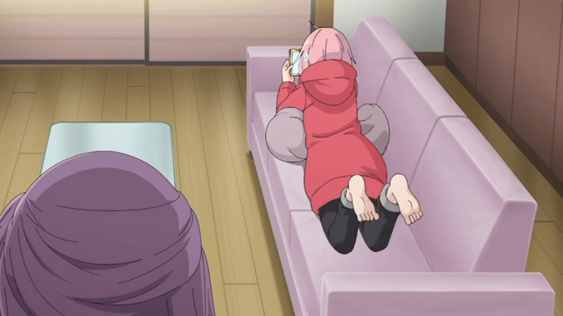 2girls animated animated_gif anime_screenshot barefoot black_pants couch faceless faceless_female feet house jacket kagamihara_nadeshiko kagamihara_sakura living_room multiple_girls pants phone pink_hair purple_hair red_jacket soles sweatdrop swinging_legs table toes winter_clothes yurucamp