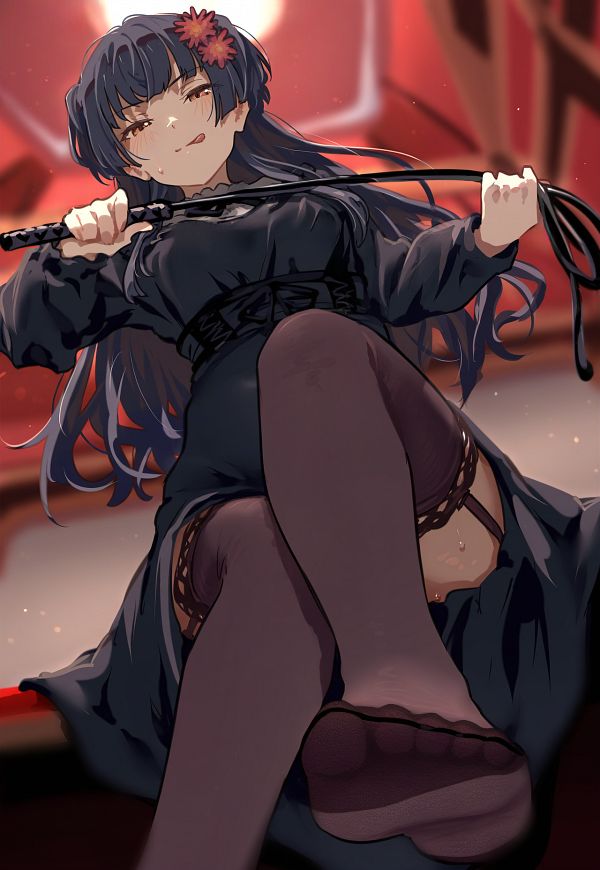 1girl black_dress black_hair blush dress flower hair_flower hair_ornament holding holding_whip idolmaster idolmaster_shiny_colors long_hair looking_at_viewer mayuzumi_fuyuko naikasukasu solo sweat whip