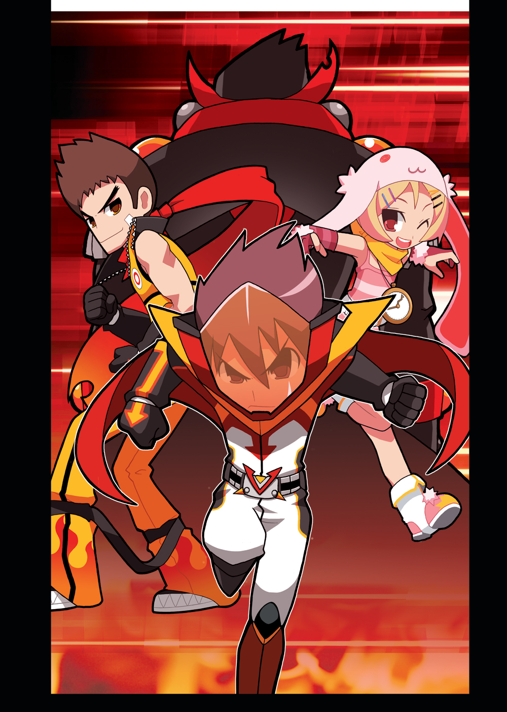 1girl 2boys animal_ears anime_coloring ankle_boots arm_belt bandage_on_cheek bare_shoulders belt black_border black_collar black_gloves blonde_hair blush boots border bridal_gauntlets brown_hair cape clenched_hands clock clock_necklace closed_mouth collar collared_jumpsuit copyright_name dangerama dual_persona etranger frilled_skirt frills frown fur-trimmed_sleeves fur_trim gloves hair_ornament hairclip halftone hat helmet highres horizontal-striped_sleeves ichimonji_pirohiko imaizumi_teruhiko jumpsuit looking_at_viewer miniskirt multiple_boys muscular muscular_male nippon_ichi official_art outline pink_hat pink_tank_top rabbit_ears red_background red_cape red_eyes red_scarf red_skirt running running_towards_viewer scarf sideburns skirt sleeveless_jumpsuit smile spiked_hair standing striped_tank_top tank_top teeth thick_eyebrows tokusatsu upper_teeth_only v-shaped_eyebrows white_belt white_footwear white_outline wing_collar yellow_jumpsuit yellow_scarf z.h.p._unlosing_ranger_vs_darkdeath_evilman