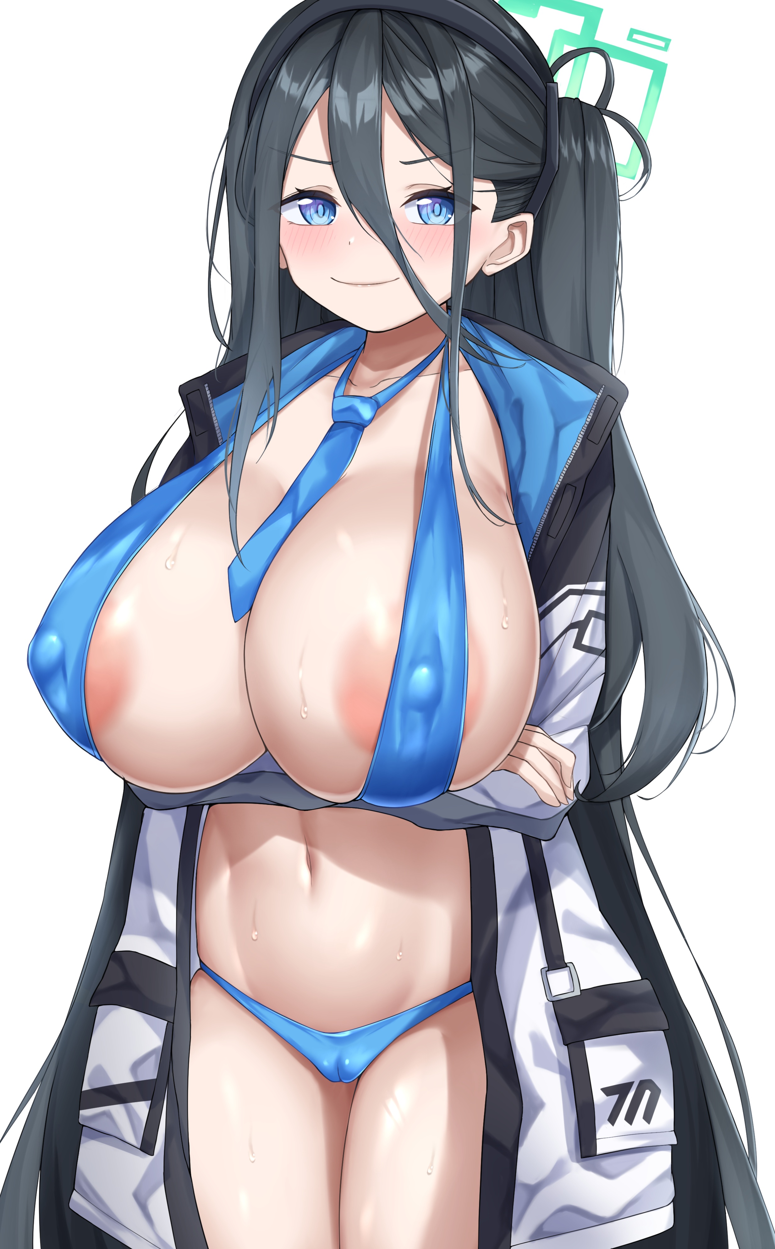 1girl absurdres alternate_breast_size areola_slip aris_(blue_archive) bikini black_hair black_jacket blue_archive blue_bikini blue_eyes blush breasts cleavage collarbone covered_erect_nipples crossed_arms hair_between_eyes hairband halo highres huge_breasts jacket long_hair looking_at_viewer multicolored_jacket navel necktie open_clothes open_jacket sharen sidelocks smile solo swimsuit two-tone_jacket very_long_hair white_jacket