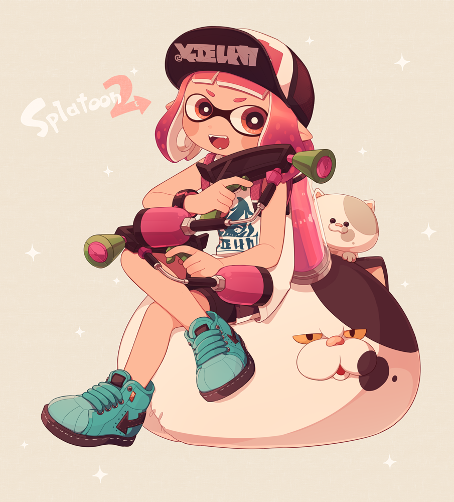 1girl baseball_cap black_hat black_shorts blue_shoes blush_stickers character_pillow commentary_request copyright_name dual_wielding fangs figure_four_sitting full_body grey_background hat high_tops holding holding_weapon ink_tank_(splatoon) inkling inkling_girl inkling_player_character judd_(splatoon) li&#039;l_judd_(splatoon) ma-to medium_hair miniskirt nintendo on_pillow open_mouth pink_eyes pink_hair pointy_ears purple_skirt shoes shorts shorts_under_skirt simple_background sitting skirt smile sneakers solo splat_dualies_(splatoon) splatoon_(series) splatoon_2 tank_top tentacle_hair weapon white_tank_top
