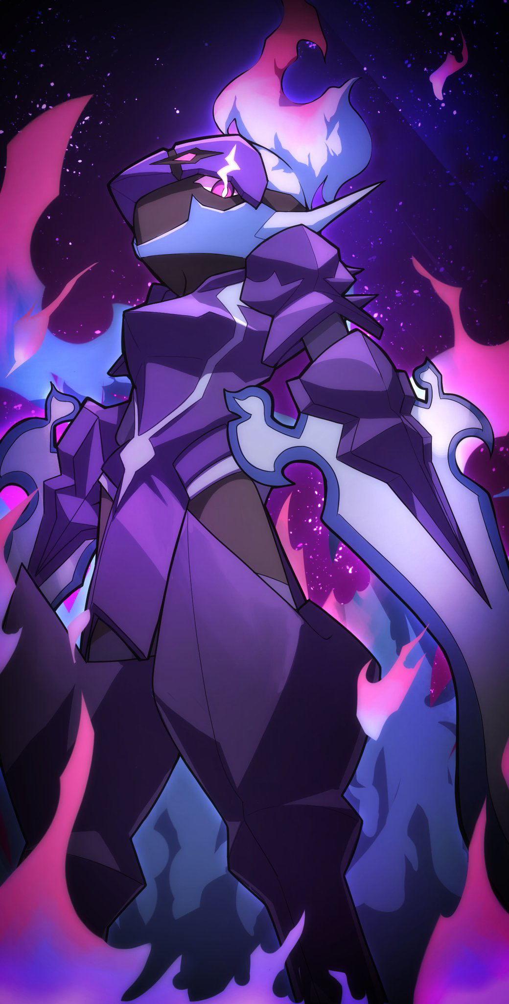blade ceruledge commentary_request eye_trail fire from_below highres light_trail looking_down night nintendo no_humans outdoors pokemon pokemon_(creature) purple_eyes solo tamaron0710