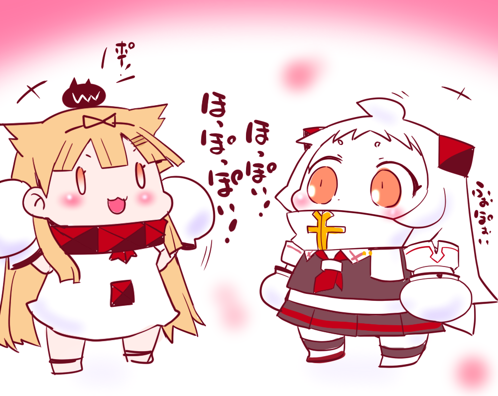 10s 2girls abyssal_ship ahoge blonde_hair blush_stickers chibi collar commentary_request cosplay covered_mouth dress enemy_aircraft_(kancolle) hair_ribbon hand_under_clothes hands_up horns kantai_collection kneehighs long_hair mittens multiple_girls neckerchief northern_ocean_hime northern_ocean_hime_(cosplay) northern_ocean_princess object_on_head ribbon sako_(bosscoffee) scarf scarf_over_mouth school_uniform serafuku shoes sleeveless sleeveless_dress socks translation_request white_hair yuudachi_(kancolle) yuudachi_(kancolle)_(cosplay)