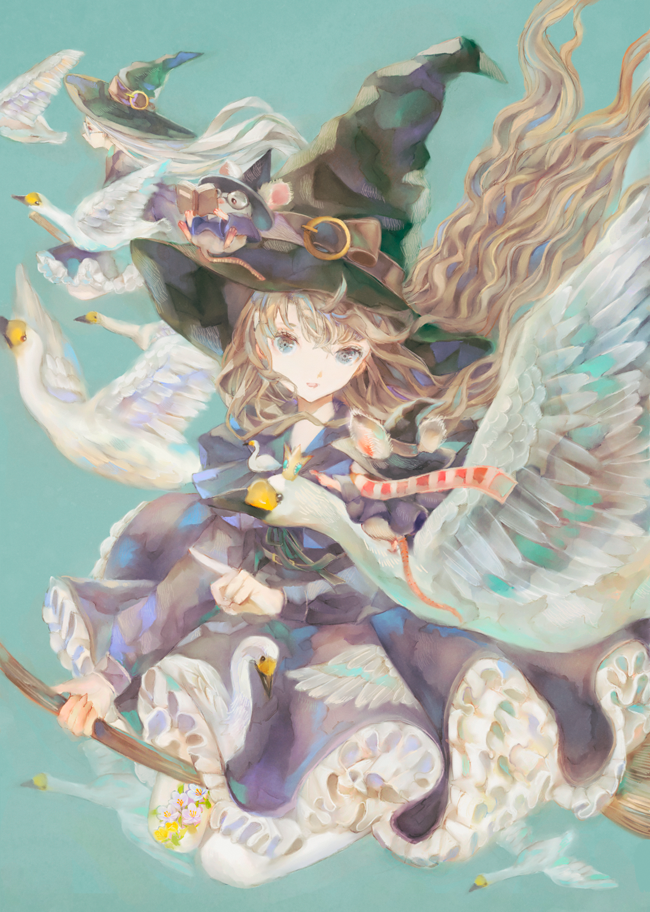 2girls bird black_headwear blue_background blue_eyes broom broom_riding dress floating_hair flying hat index_finger_raised long_hair long_sleeves looking_at_viewer mouse_(animal) multiple_girls original petticoat purple_dress simple_background smile solo_focus swan yogisya