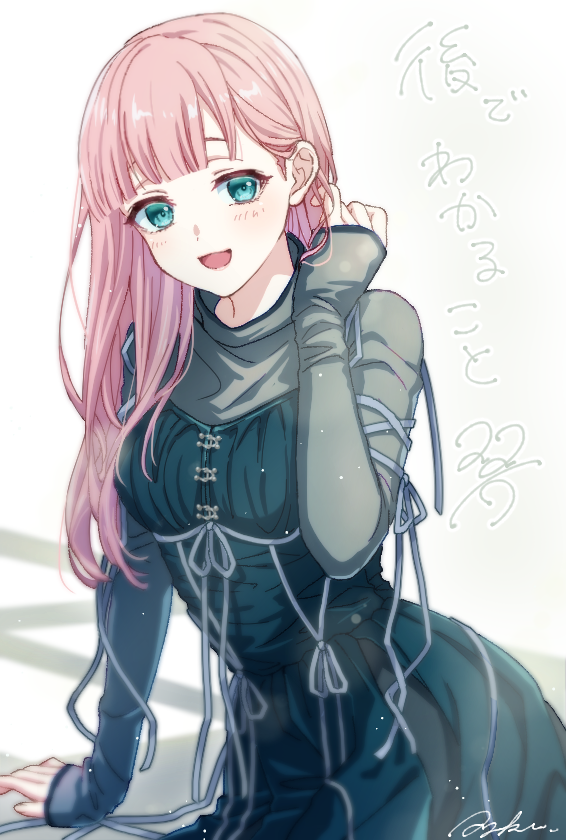 1girl 22/7 asymmetrical_bangs ato_de_wakaru_koto ayakura_azuma blunt_bangs cowboy_shot dress green_eyes grey_background group_name hand_in_own_hair idol_clothes kamiki_mikami long_hair long_sleeves looking_at_viewer open_mouth pink_hair see-through_clothes see-through_sleeves signature solo song_name