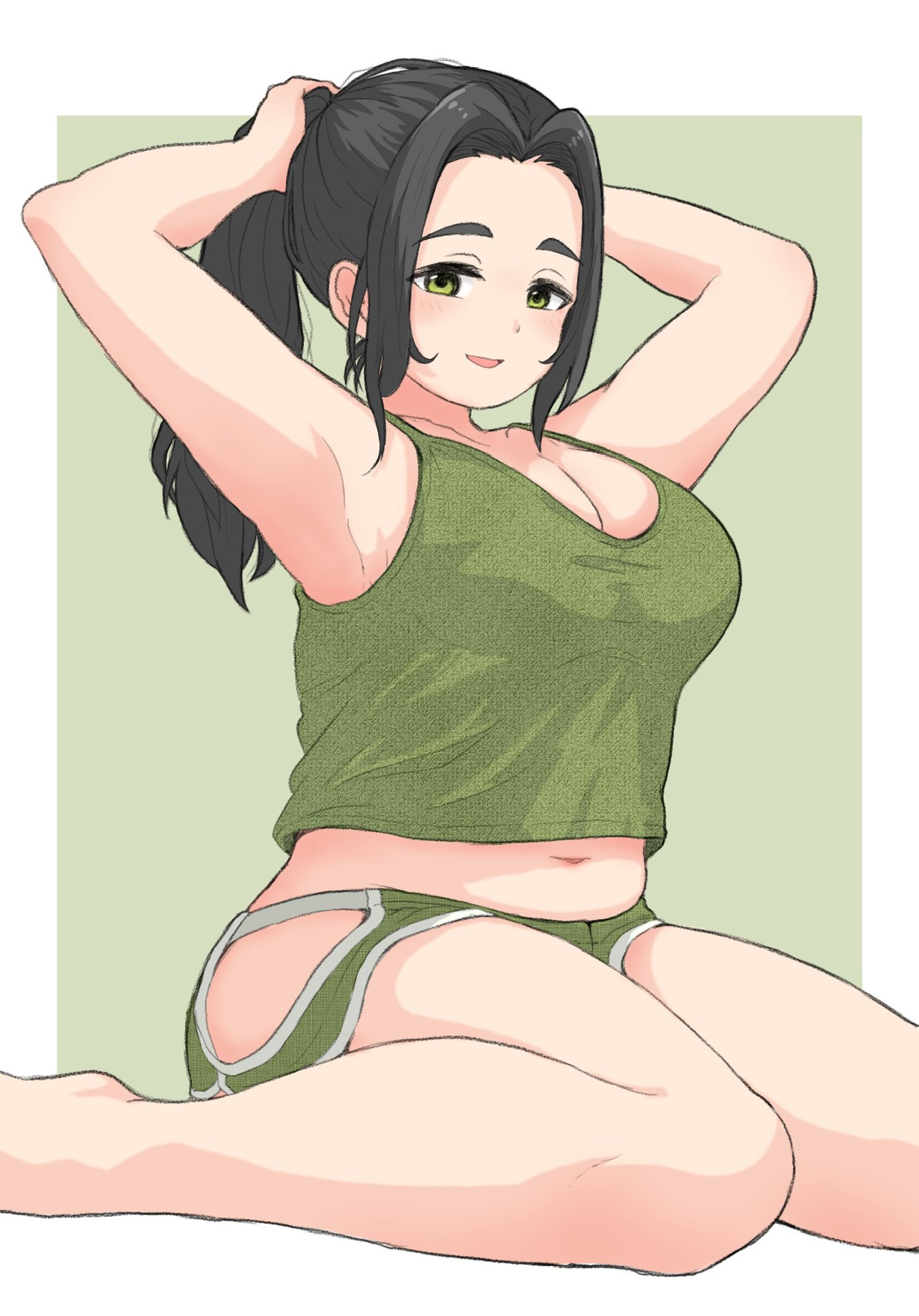 1girl adjusting_hair armpits arms_behind_head arms_up black_hair breasts cleavage ebihara_naho green_eyes gym_shorts hip_vent idolmaster idolmaster_cinderella_girls large_breasts medium_breasts medium_hair midriff_peek navel noe_aoikaba open_mouth plump ponytail seiza shorts sitting smile solo tank_top
