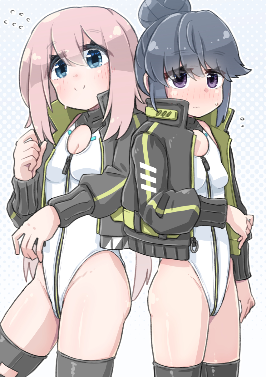2girls alice_gear_aegis az:u black_jacket black_thighhighs blue_eyes blue_hair breasts circle_cutout cleavage_cutout clothing_cutout companion/af covered_collarbone cowboy_shot front_zipper full-length_zipper hair_bun heattech_leotard highleg highleg_leotard highres jacket kagamihara_nadeshiko leotard long_hair multicolored_leotard multiple_girls pink_hair purple_eyes race_queen shima_rin single_hair_bun sleeveless_turtleneck_leotard small_breasts thighhighs turtleneck two-tone_leotard white_leotard yurucamp zipper zipper_leotard zipper_pull_tab