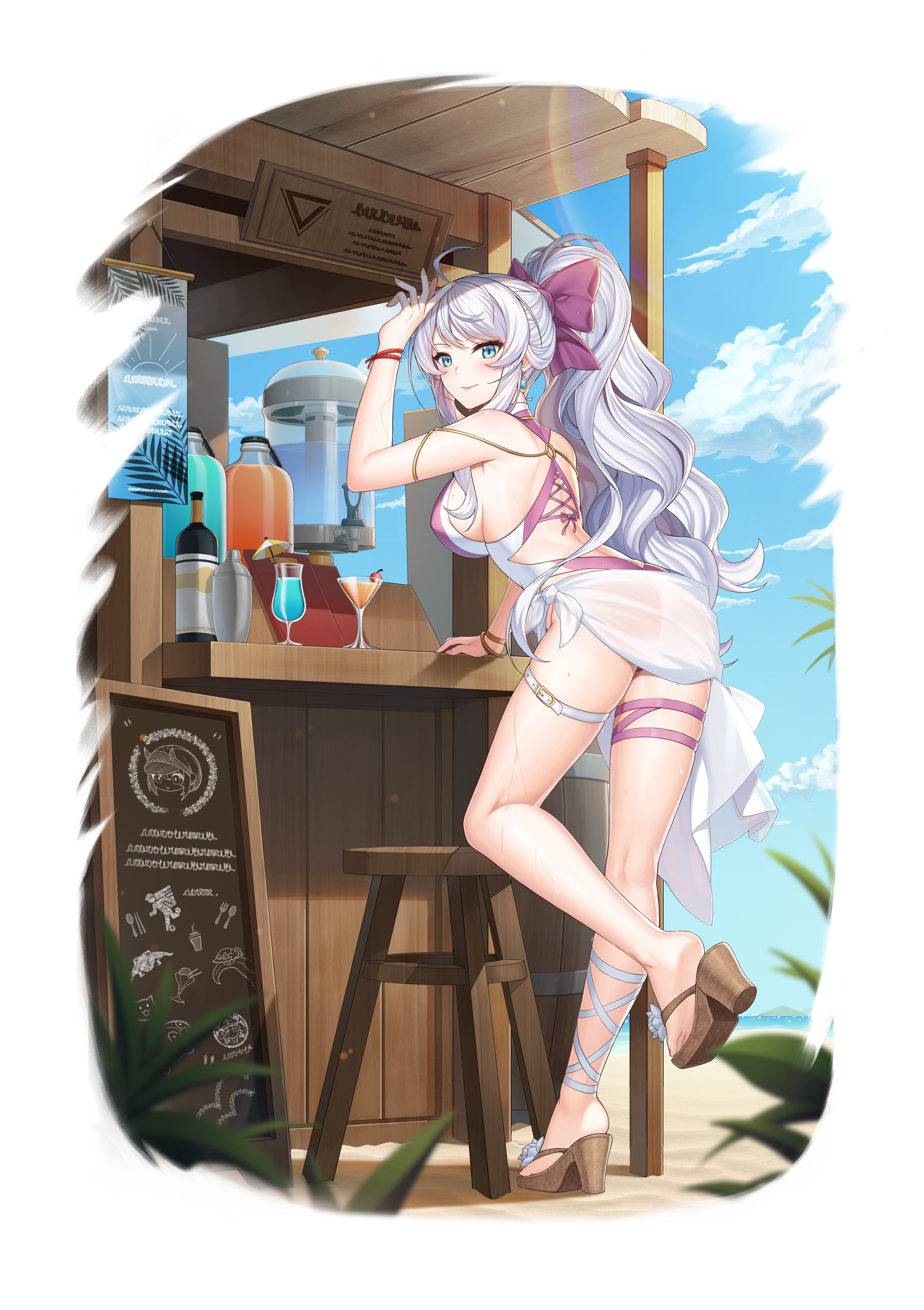 1girl absurdres ahoge alpha_transparency arm_up ass back bangle bare_legs bare_shoulders blue_eyes bow bracelet breasts counter:side cup drinking_glass earrings from_behind full_body hair_bow highres huge_filesize jewelry lara_jaeger large_breasts leaning_forward long_hair looking_at_viewer looking_back official_art one-piece_swimsuit ponytail sandals sarong see-through_clothes serina_crew sign smile solo standing stool swimsuit thigh_strap transparent_background two-tone_swimsuit very_long_hair white_hair