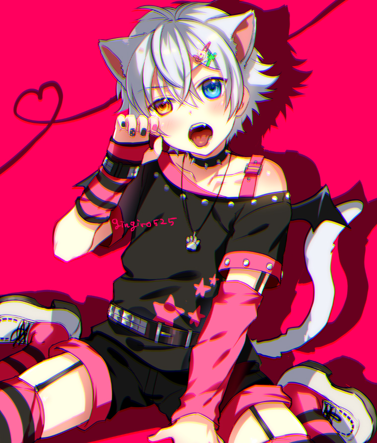 1boy animal_ears black_shirt blue_eyes cat_boy cat_ears collar demon_wings fingerless_gloves garter_straps ginjiro_(ginziro525) ginjiro_(vtuber) gloves grey_hair heterochromia indie_virtual_youtuber jewelry male_focus nail_polish necklace pink_background shirt short_hair spiked_collar spikes striped_clothes striped_gloves striped_legwear striped_thighhighs thighhighs tongue tongue_out virtual_youtuber white_hair wings yellow_eyes