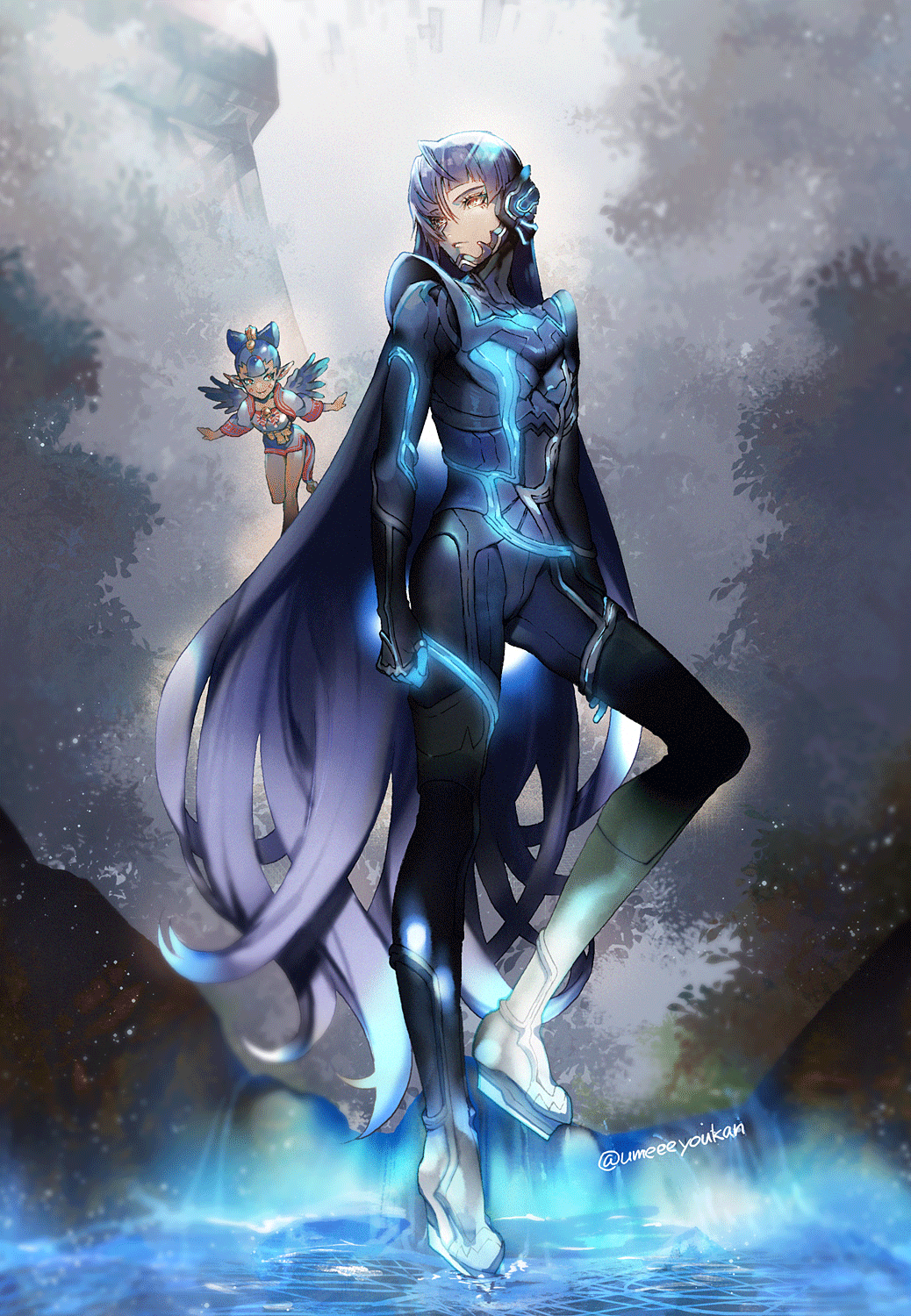 1boy 1girl amanozako_(megami_tensei) androgynous armor bad_id bad_twitter_id blue_hair bodysuit eyelashes full_body highres japanese_clothes long_hair mini_person minigirl pointy_ears protagonist_(smtv) purple_hair shin_megami_tensei shin_megami_tensei_v smile umeeeyoukan very_long_hair water wings yellow_eyes