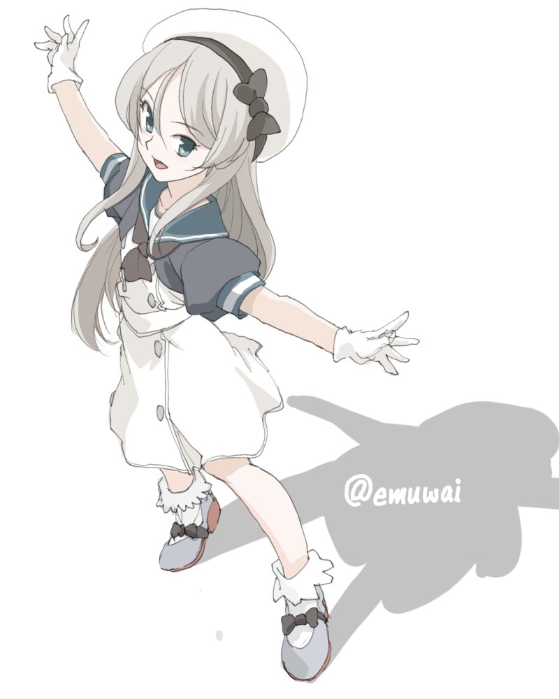 1girl black_jacket black_neckerchief blue_eyes blue_sailor_collar dress emuwai frilled_socks frills full_body gloves grey_hair hat jacket javelin_(kancolle) kantai_collection long_hair looking_at_viewer loose_hair_strand mary_janes neckerchief one-hour_drawing_challenge outstretched_arms sailor_collar sailor_dress sailor_hat shadow shoes short_sleeves simple_background smile socks solo standing twitter_username white_background white_dress white_gloves white_hat white_socks
