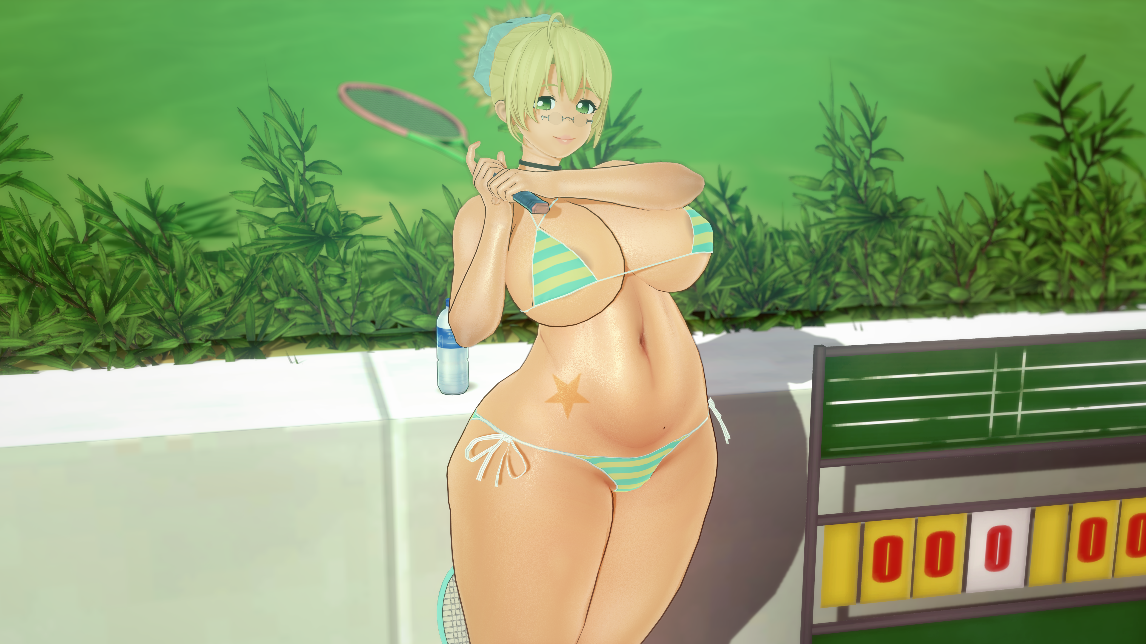 1girl 3d absurdres bikini breasts cleavage glasses highres huge_breasts large_breasts misaki-sensei solo swimsuit