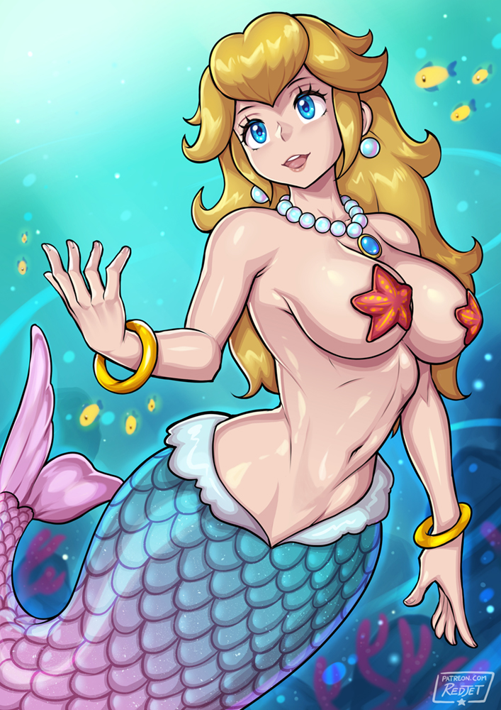 1girl bare_arms bare_shoulders blonde_hair blue_eyes bracelet breasts coral earrings fins fish fish_tail gold_bracelet hand_up jewelry large_breasts long_hair looking_to_the_side mario_(series) mermaid mermaid_peach monster_girl navel necklace nintendo open_mouth pearl_earrings pearl_necklace princess_peach princess_peach:_showtime! redjet smile solo starfish stomach tail teeth underwater upper_teeth_only