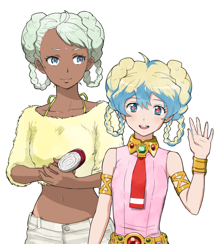 +_+ 00s 2girls alternate_hairstyle armlet bad_id bad_pixiv_id blonde_hair blue_eyes bracelet braid brush crop_top cross-shaped_pupils crossover dark-skinned_female dark_skin double_bun fukui_yukari fur green_hair gundam gundam_g_no_reconguista hair_bun jewelry kei-co looking_at_viewer midriff multiple_girls navel nia_teppelin raraiya_monday smile symbol-shaped_pupils tengen_toppa_gurren_lagann twin_braids voice_actor_connection waving white_background