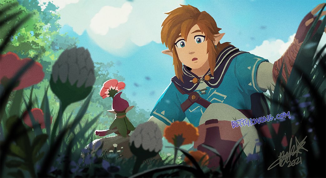 bettykwong blue_eyes blue_shirt blue_sky boots brown_hair fingerless_gloves flower gloves grass link looking_at_another male_focus mini_person miniboy minish nintendo pointy_ears shirt sidelocks size_difference sky the_legend_of_zelda the_legend_of_zelda:_breath_of_the_wild the_legend_of_zelda:_the_minish_cap tree watermark web_address