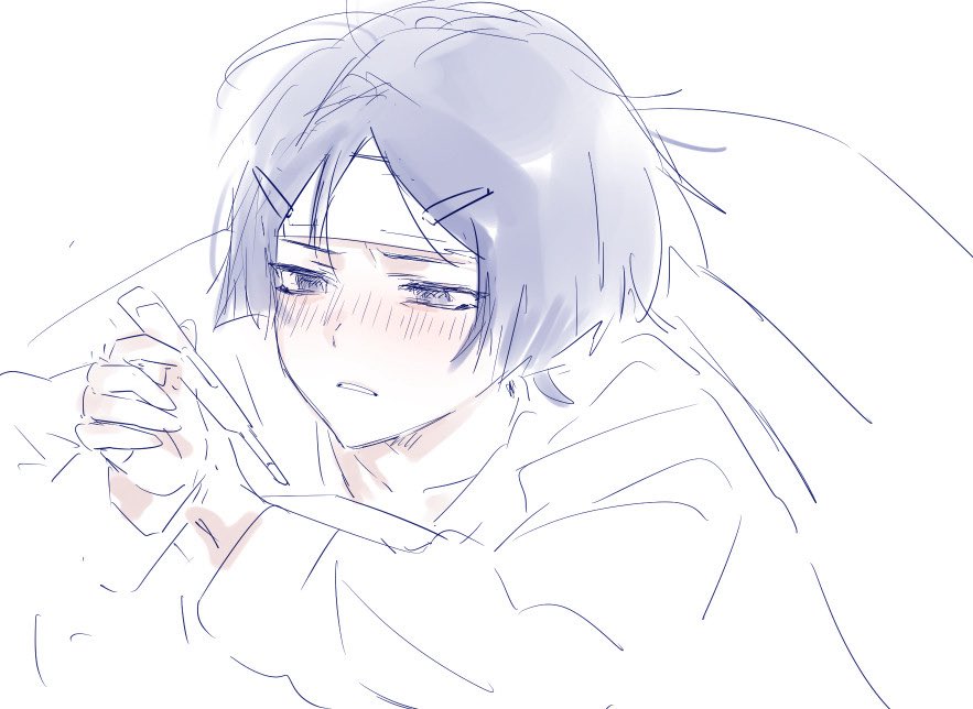 1boy black_eyes blunt_ends blush collarbone empty_eyes genshin_impact grey_hair hag_(hag_015) hair_ornament hairclip half-closed_eyes holding holding_thermometer long_sleeves looking_at_object male_focus muted_color parted_bangs parted_lips scaramouche_(genshin_impact) sick sketch solo thermometer under_covers white_mouth white_sleeves