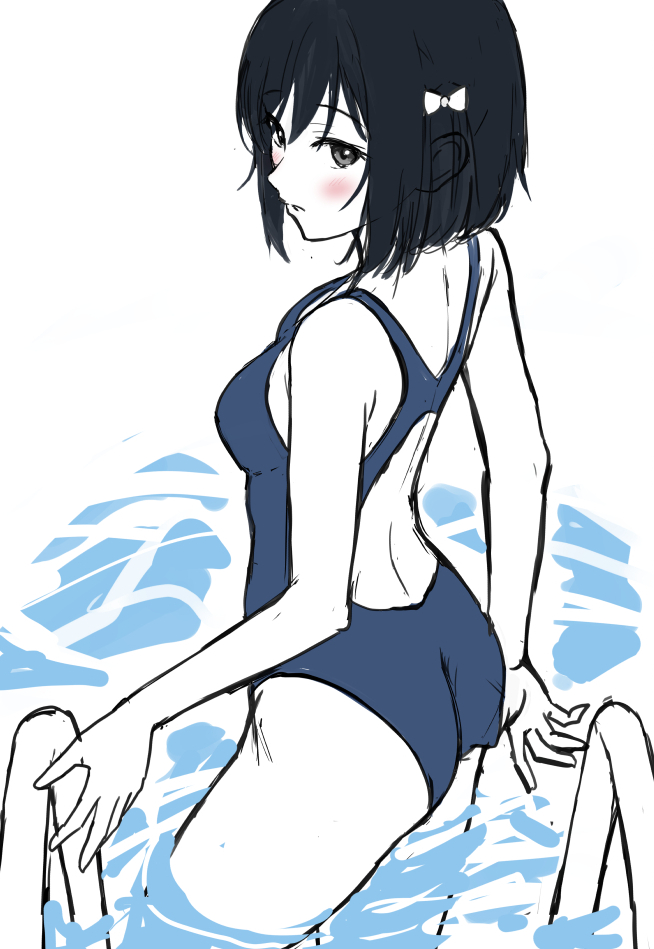 1girl adjusting_clothes adjusting_swimsuit blue_one-piece_swimsuit blush bob_cut breasts commentary_request competition_school_swimsuit from_behind hair_ribbon looking_back love_live! love_live!_nijigasaki_high_school_idol_club median_furrow mifune_shioriko one-piece_swimsuit pool pool_ladder ribbon sankuro_(agoitei) school_swimsuit short_hair sideboob small_breasts solo swimsuit water white_background