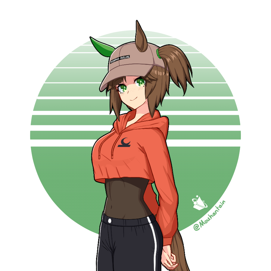 1girl arms_behind_back baseball_cap black_pants blush bodystocking brown_hair brown_hat casual closed_mouth commentary covered_navel cowboy_shot crop_top crop_top_overhang drawstring ears_through_headwear english_commentary green_background green_eyes hat hood hood_down horse_girl ines_fujin_(umamusume) long_sleeves looking_at_viewer mouhantain one_side_up own_hands_together pants short_hair smile solo transparent_background twitter_username umamusume
