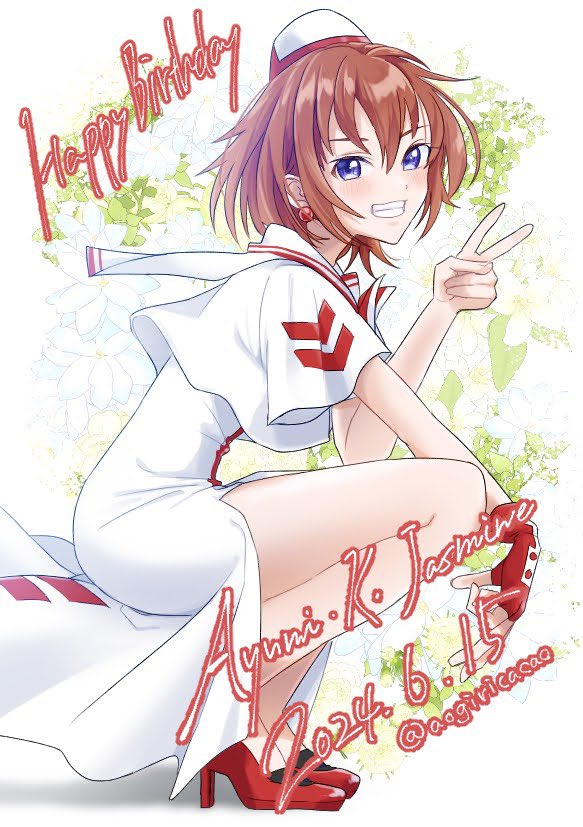 1girl aogirism aria_(manga) ayumi_k_jasmine bare_legs blue_eyes blush brown_hair character_name dated dress earrings floral_background full_body gloves hand_up high_heels himeya_company_uniform jewelry legs medium_hair red_footwear red_gloves sailor_collar shadow short_sleeves side_slit sidelocks single_glove smile solo teeth thighs v white_background white_dress