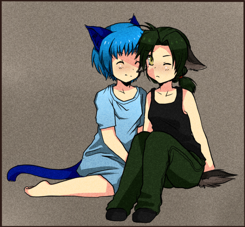 2girls akami_katejina akami_kitaken animal_ears bare_shoulders blue_hair boots border cat_ears cat_tail closed_eyes deviantart feet green_hair mirikun multiple_girls one_eye_closed original oversized_clothes oversized_shirt pants ponytail red_eyes shirt shoes short_hair siblings simple_background sisters sitting sweatpants sweats tail tank_top wink wolf_ears wolf_tail yellow_eyes