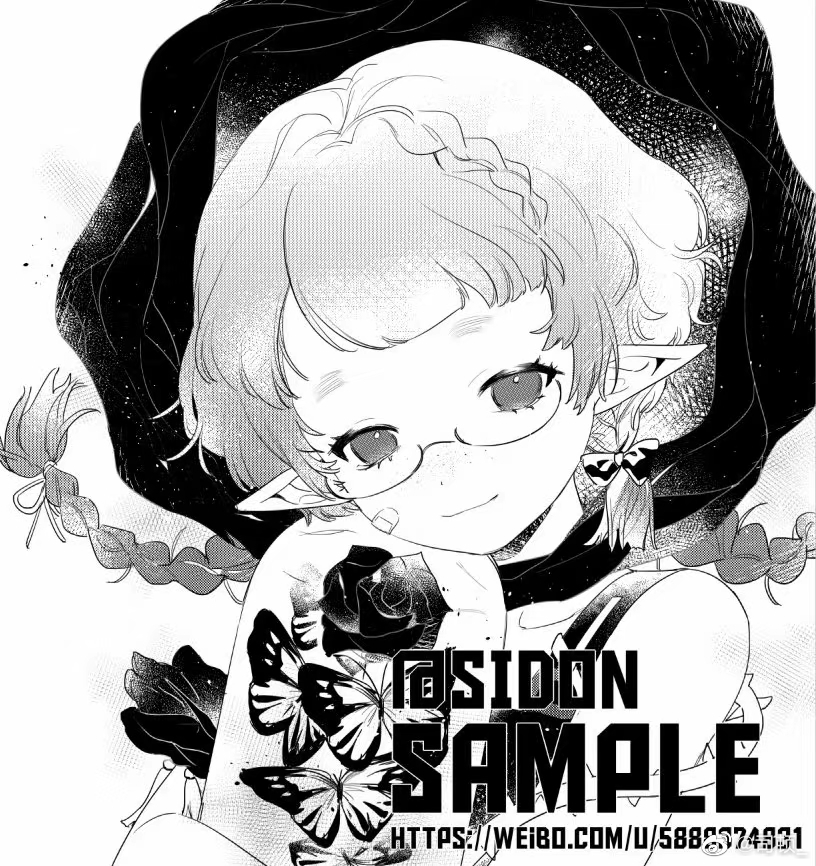 1girl artist_name bandaid bandaid_on_cheek bandaid_on_face bare_shoulders blunt_bangs bow braid bug butterfly chinese_commentary closed_mouth collarbone commentary_request commission detached_hood dot_nose elf eyelashes floating_clothes floating_hair flower freckles greyscale hair_bow hair_through_hood happy hellos holding holding_jar hood hood_up insect jacket jacket_partially_removed jar knee_up light_particles long_hair long_sleeves looking_at_viewer low_twin_braids monochrome multiple_braids open_clothes open_jacket original pointy_ears rose sample_watermark simple_background smile solo tank_top tassel thick_eyebrows twin_braids upper_body watermark weibo_watermark white_background