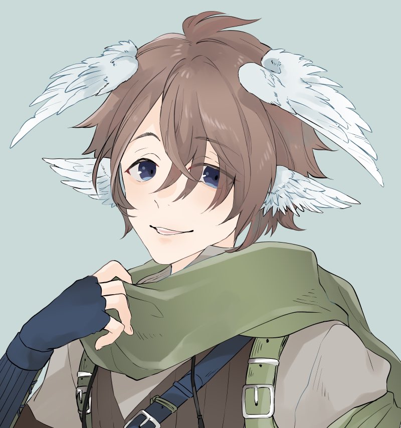 1boy blue_background blue_eyes brown_hair brown_vest commentary_request eyes_visible_through_hair feathered_wings green_scarf grey_shirt hair_between_eyes head_wings long_bangs looking_at_viewer male_focus open_mouth ragnarok_online ranger_(ragnarok_online) scarf shirt short_hair simple_background smile solo upper_body vest white_wings wings yutsuki