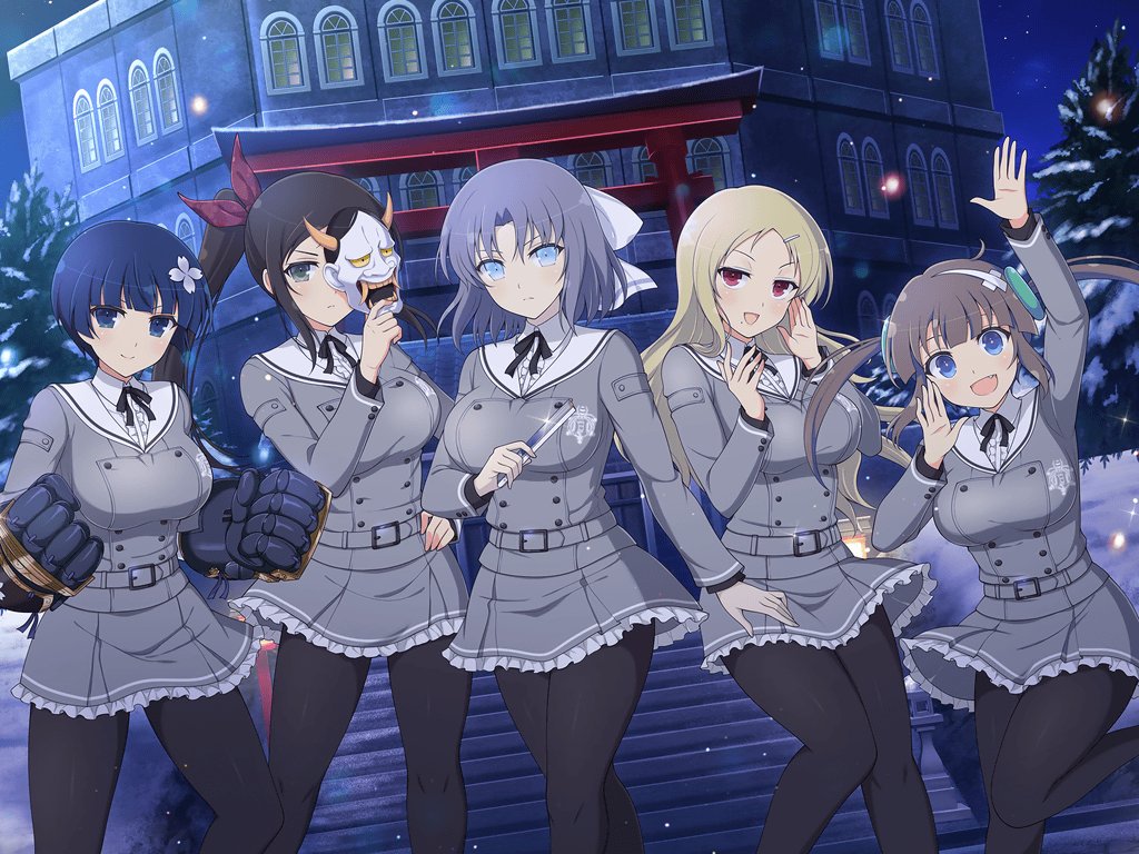 5girls architecture belt black_pantyhose black_ribbon blonde_hair blue_eyes blue_hair blush bow bowl_cut breasts brown_hair buttons commentary double-breasted east_asian_architecture english_commentary fang flower folded_fan folding_fan frilled_shirt frilled_skirt frills frown gauntlets gessen_academy_school_uniform green_eyes grey_belt grey_hair grey_shirt grey_skirt group_picture hair_bow hair_flower hair_ornament hair_ribbon hairclip hand_fan hannya holding holding_fan holding_mask large_breasts light_particles long_hair looking_at_viewer mask miniskirt minori_(senran_kagura) mole mole_under_mouth multiple_girls murakumo_(senran_kagura) noh_mask official_art oni_mask open_mouth outdoors pantyhose pine_tree power_fist purple_ribbon red_eyes ribbon ring_hair_ornament sailor_collar school_emblem school_uniform senran_kagura senran_kagura_new_link senran_kagura_shinovi_versus shiki_(senran_kagura) shirt short_hair side_ponytail skirt smile snow sparkle stairs stone_stairs striped_bow torii tree twintails unworn_mask white_bow white_sailor_collar white_undershirt winter yaegashi_nan yozakura_(senran_kagura) yumi_(senran_kagura)