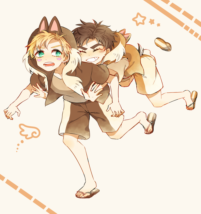 2boys animal_ears bad_id bad_pixiv_id blonde_hair brown_hair caesar_anthonio_zeppeli chip_(disney) chip_(disney)_(cosplay) chipmunk_ears closed_eyes cosplay dale_(disney) dale_(disney)_(cosplay) disney facial_mark fake_animal_ears fake_tail flip-flops green_eyes hood hoodie hug hug_from_behind jojo_no_kimyou_na_bouken joseph_joestar joseph_joestar_(young) male_focus mickey_mouse_&amp;_friends multiple_boys open_mouth sandals shoes shorts shuntaro_(syun_gaomu) simple_background single_shoe smile star_(symbol) striped_background tail