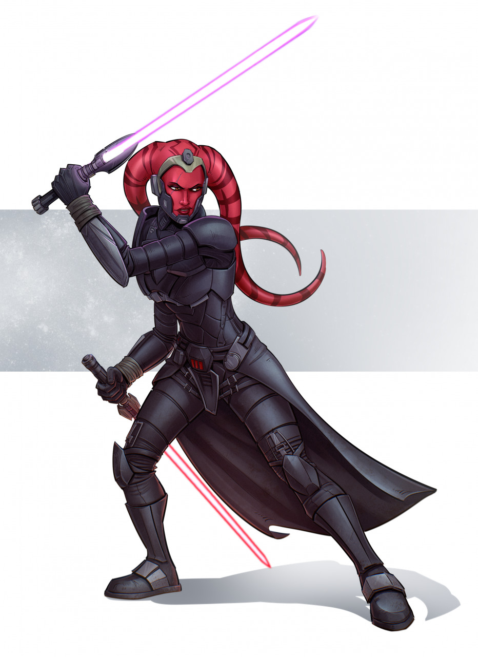 1girl alien armor belt birdyraider black_armor black_boots black_gloves black_pants black_skirt boots brown_eyes colored_skin dual_wielding energy_sword full_body gloves highres holding holding_sword holding_weapon lekku_(anatomy) lightsaber looking_to_the_side pants pauldrons purple_lightsaber red_lightsaber red_skin shoulder_armor showgirl_skirt sith skirt solo star_wars sword twi&#039;lek vambraces weapon