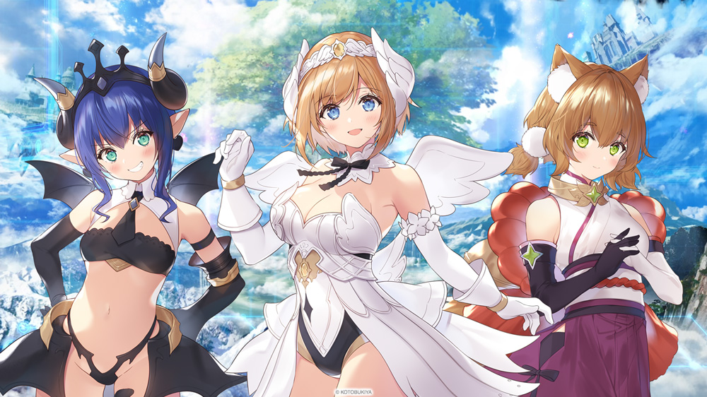 3girls :d animal_ears arcanadea bat_wings bird_wings black_tiara blue_eyes blue_hair blue_sky bra breasts brown_hair cleavage cloud copyright_name detached_collar detached_sleeves elbow_gloves feather_hair_ornament feathers fox_ears gloves green_eyes grin hair_ornament hairband hands_up head_tilt horns japanese_clothes kimono kotobukiya light_smile low_twintails lumitea micro_panties multiple_girls necktie necomi obi off-shoulder_leotard official_art open_mouth panties pointy_ears red_rope rope sash second-party_source sheep_horns short_hair short_twintails skirt sky sleeveless sleeveless_kimono small_breasts smile steepled_fingers tiara twintails underwear velretta white_gloves white_skirt wings yukumo_(arcanadea)