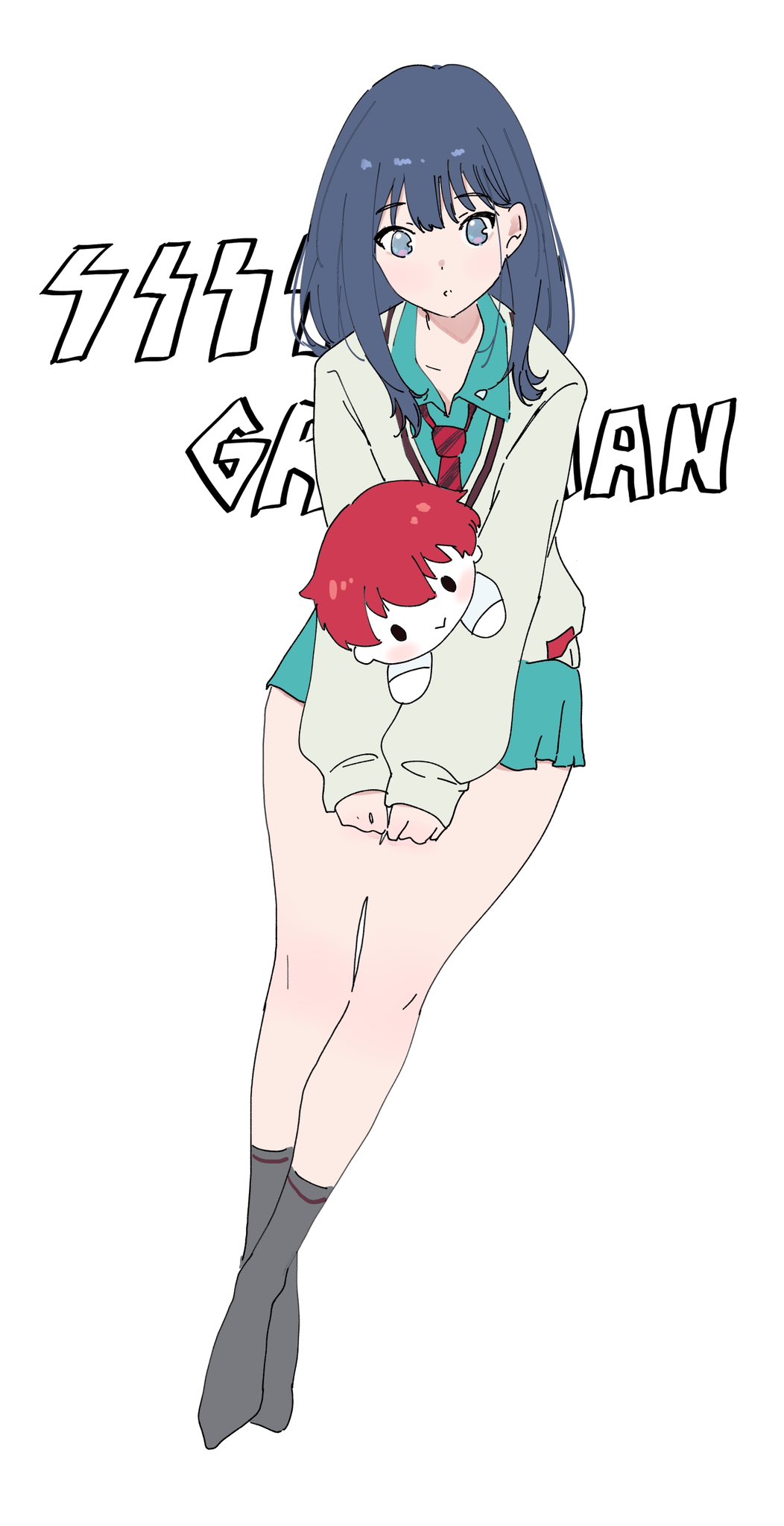 1girl amate_yuzuriha amate_yuzuriha_(cosplay) aqua_shirt aqua_skirt black_hair blue_eyes character_doll cosplay doll gridman_universe gridman_universe_(film) gundam gundam_gquuuuuux hibiki_yuuta highres holding holding_doll long_hair long_sleeves necktie rixxa_uiu school_uniform shirt simple_background skirt solo sweater takarada_rikka thighs