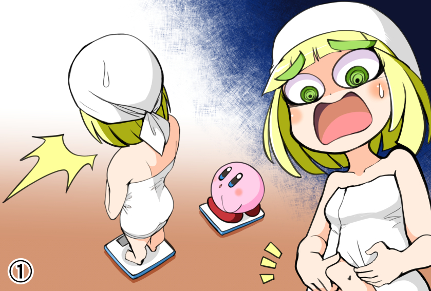 1girl arms_(game) bandana blonde_hair furumoto_yuuya green_eyes kirby kirby_(series) min_min_(arms) nintendo open_mouth ringed_eyes short_hair surprised sweatdrop towel weighing_scale