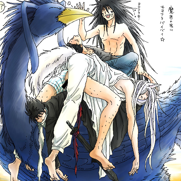 4boys alternate_form animal_ears barefoot black_hair demon_yuusuke closed_eyes fox_ears fox_tail hiei kurama_(yu_yu_hakusho) kuwabara_kazuma long_hair male_focus multiple_boys open_mouth puu_(yu_yu_hakusho) sensui_shinobu silver_hair smile tail urameshi_yuusuke youko_kurama yuu_yuu_hakusho