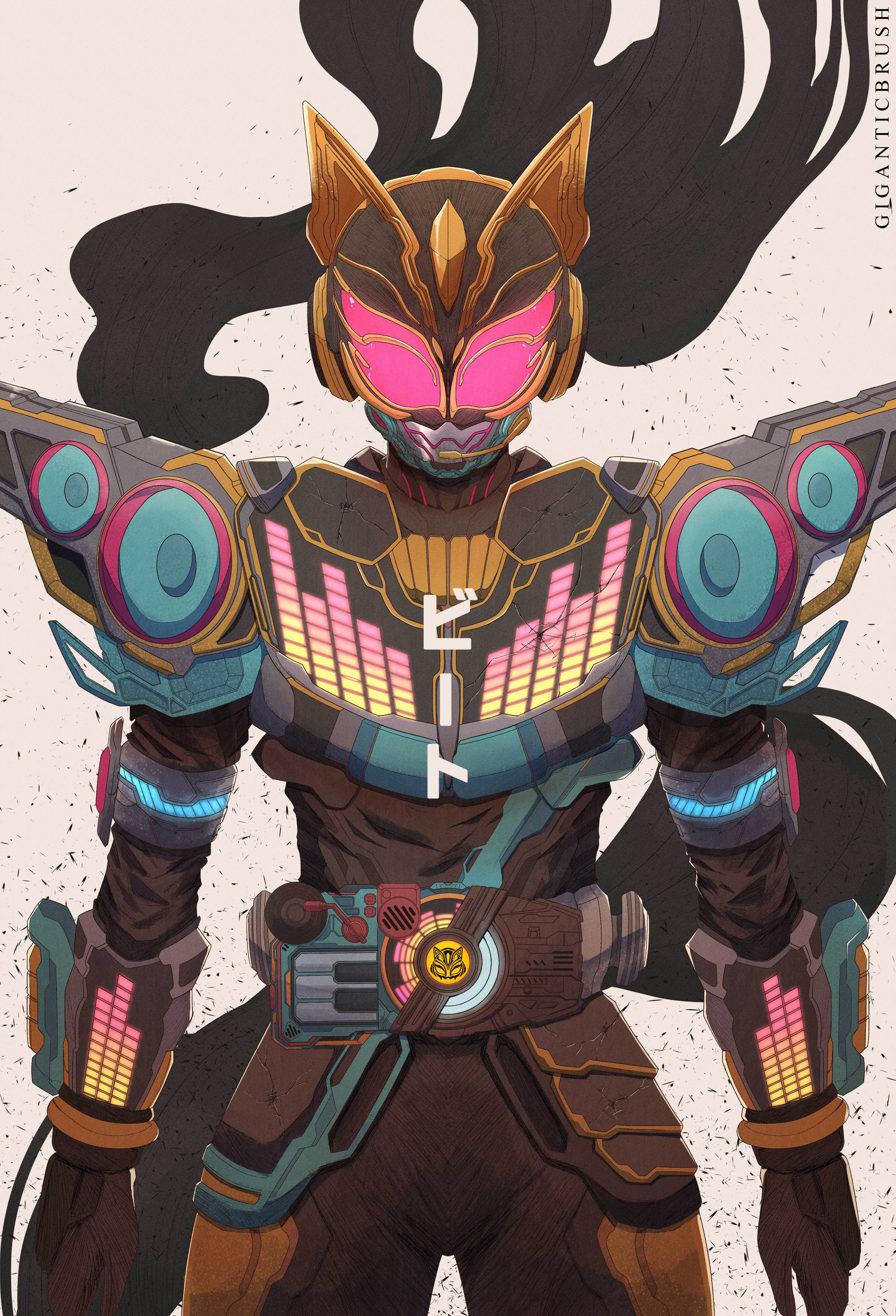 1girl absurdres animal_ears armor beat_buckle black_bodysuit bodysuit breasts cat cat_ears cat_girl clenched_hand cropped_legs desire_driver giganticbrush highres kamen_rider kamen_rider_geats_(series) kamen_rider_na-go looking_at_viewer mechanical_tail medium_breasts orange_eyes power_armor rider_belt solo straight-on tail tokusatsu