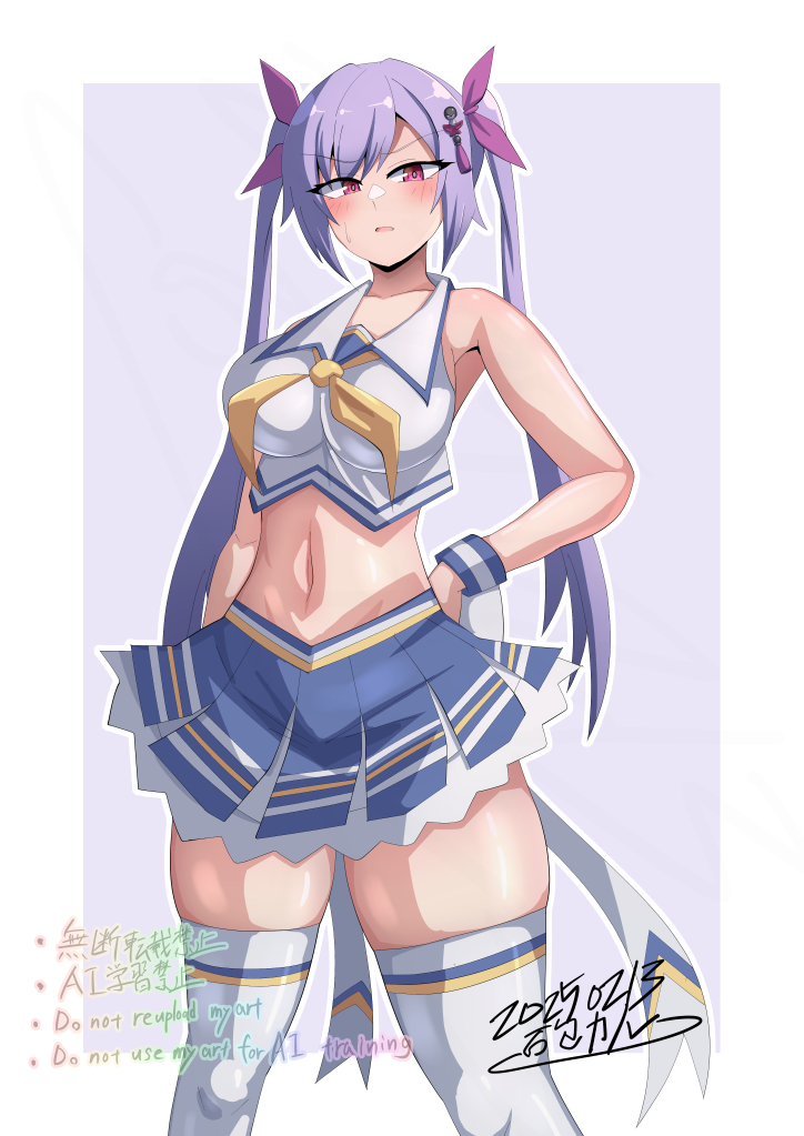 1girl adapted_costume arm_at_side artist_name assault_lily bare_arms bare_shoulders blue_skirt blush border breasts cheerleader commentary_request crop_top dated feet_out_of_frame hair_ornament hair_ribbon hand_on_own_hip ishitsuma_canon large_breasts long_hair looking_at_viewer matsumura_fuuka midriff miniskirt navel outside_border paid_reward_available parted_lips pink_eyes pink_ribbon purple_background purple_hair ribbon shirt simple_background skirt sleeveless sleeveless_shirt solo standing stomach striped_clothes striped_skirt striped_thighhighs sweatdrop tassel tassel_hair_ornament thighhighs twintails v-shaped_eyebrows very_long_hair watermark white_border white_shirt white_thighhighs wristband zettai_ryouiki