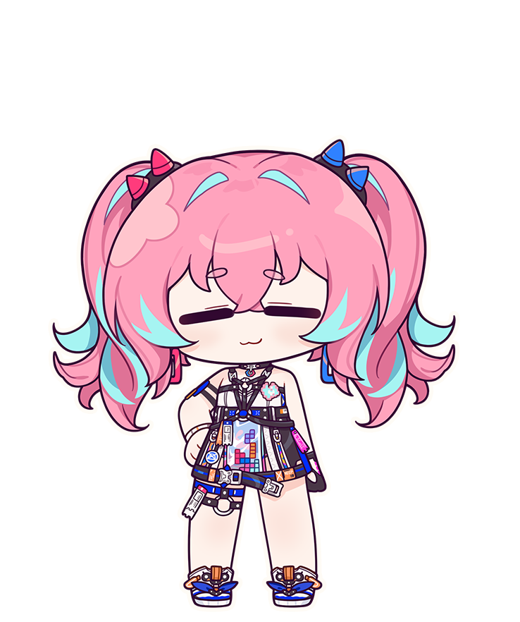 1girl :3 blue_eyes blue_hair chibi closed_eyes closed_mouth dress eta facing_viewer fang full_body hair_ornament honkai_(series) honkai_impact_3rd long_hair looking_at_viewer multicolored_hair official_art pink_hair rozaliya_olenyeva delta_(honkai_impact) skin_fang sleeveless sleeveless_dress solo third-party_source twintails two-tone_hair
