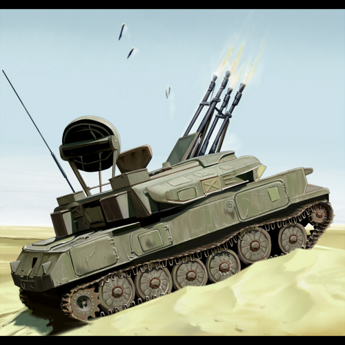 aiming_up anti-aircraft anti-aircraft_gun black_border border desert firing kcme lowres military no_humans original self-propelled_anti-aircraft-gun self-propelled_anti-aircraft_weapon shell_casing vehicle_focus zsu-23-4