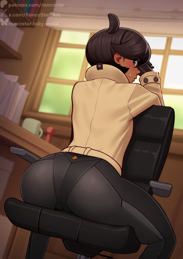 1girl ass black_bodysuit black_gloves blurry blurry_background bodysuit chair collared_jacket commentary cup dark-skinned_female dark_skin day emma_(pokemon) english_commentary from_behind gloves hands_up indoors jacket long_sleeves looking_at_viewer looking_back nintendo office_chair pokemon pokemon_legends:_z-a roncostar short_hair sitting sitting_backwards solo sweatdrop swivel_chair table watermark web_address window yellow_jacket