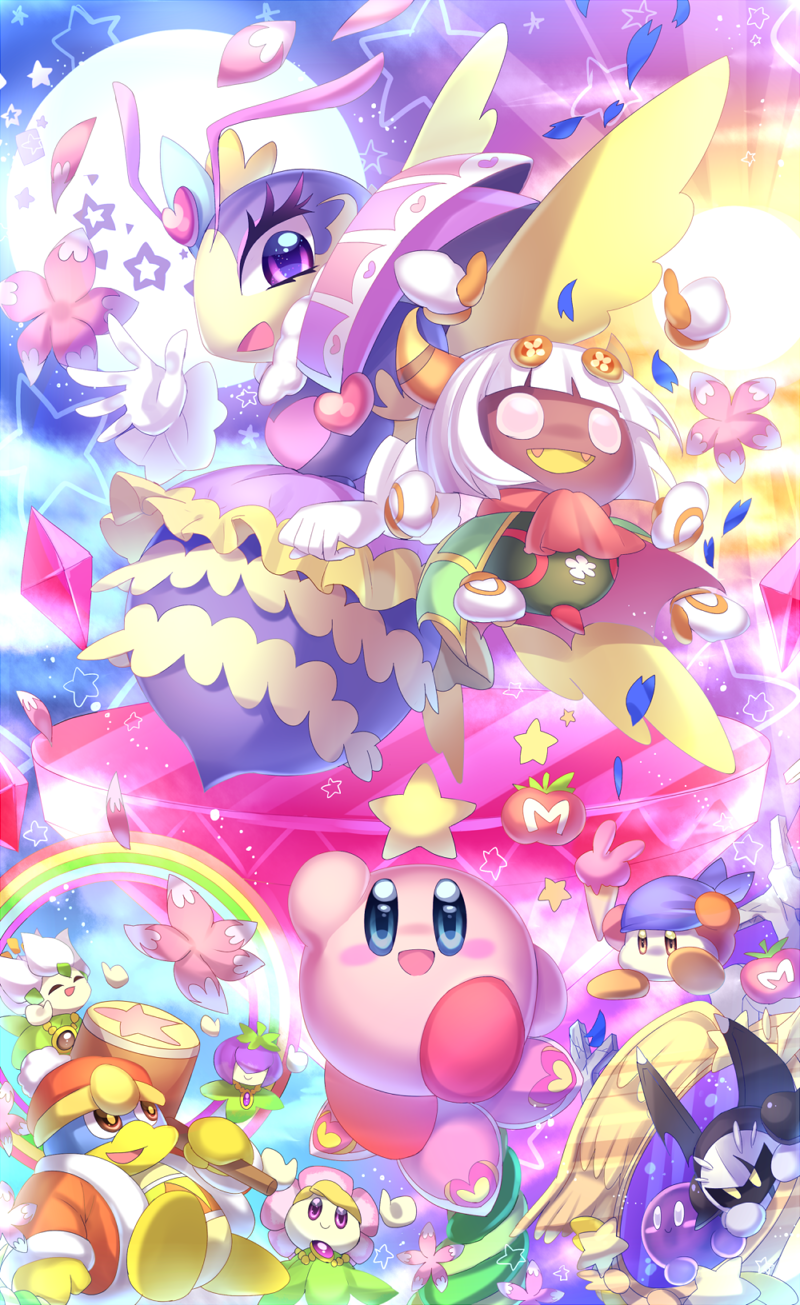 4girls ^_^ animal-themed_food antennae aoi_rena arthropod_girl ascot bandana bandana_waddle_dee beanie bee_girl black_skin blonde_hair blue_bandana blue_eyes blush_stickers brooch cape closed_eyes cloud collar colored_skin colored_tongue commentary_request covered_eyes crystal dark_meta_knight dark_skin day dimension_mirror extra_eyes extra_hands eyelashes fangs flower flower_hat food frilled_gloves frilled_skirt frills full_moon fur-trimmed_robe fur-trimmed_sleeves fur_trim gem gloves green_cape hammer hand_on_headwear happy hat heart heart_brooch heart_print highres holding holding_food holding_hammer holding_ice_cream holding_ice_cream_cone huge_weapon ice_cream ice_cream_cone insect_girl jewelry king_dedede kirby:_triple_deluxe kirby_(series) light_particles lily_(flower) long_sleeves looking_up medici_collar miniskirt moon multiple_girls night nintendo no_humans open_mouth people_of_the_sky petals pink_collar pink_eyes pink_flower pink_skin plant pom_pom_(clothes) pom_pom_beanie poster_(object) purple_skin purple_skirt queen_sectonia rabbit rainbow rayman_limbs red_ascot red_cape red_footwear red_gemstone red_hat red_robe robe scar scar_across_eye scar_on_face shadow_kirby shoes short_hair skirt smile solid_circle_eyes solid_oval_eyes spider_web_print star_(symbol) sun sunlight sunrise taranza tomato two-sided_cape two-sided_fabric very_short_hair vines weapon white_eyes white_flower white_gloves white_mask wings yellow_eyes yellow_gloves yellow_tongue yellow_wings