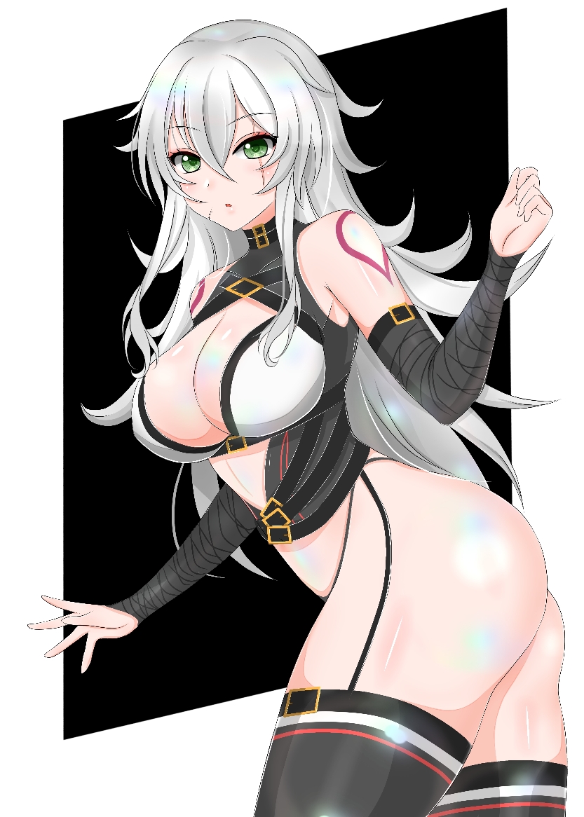 1girl aged_up alternate_breast_size alternate_hair_length alternate_hairstyle arm_at_side arm_belt bandaged_arm bandages bare_shoulders belt black_background black_garter_straps black_panties black_shirt black_thighhighs boots breasts cleavage cleavage_cutout clothing_cutout commentary_request cowboy_shot double-parted_bangs facial_scar fate/apocrypha fate/grand_order fate_(series) from_side garter_straps green_eyes grey_hair hair_between_eyes hand_up highleg highleg_panties jack_the_ripper_(fate/apocrypha) large_breasts long_bangs long_hair looking_at_viewer maria_the_ripper messy_hair multiple_belts panties parted_lips partial_commentary revealing_clothes sakura_kyuma scar scar_across_eye scar_on_cheek scar_on_face shiny_skin shirt shoulder_tattoo simple_background sleeveless sleeveless_shirt solo stomach tattoo thick_thighs thigh_belt thigh_boots thigh_strap thighhigh_belt thighhighs thighs turning_head two-tone_background two-tone_shirt underwear very_long_hair white_background white_shirt