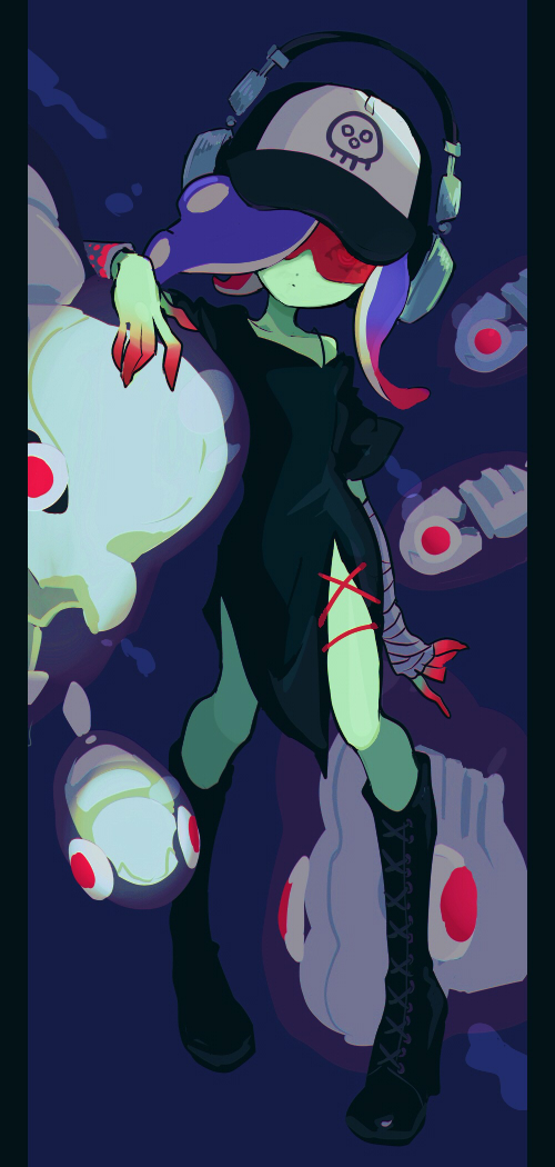 1girl bandaged_arm bandages baseball_cap battering_lento black_dress black_footwear blue_hair boots bra_strap bracelet collarbone colored_skin dedf1sh dress eyes_visible_through_eyewear gradient_hair gradient_skin green_skin hair_over_one_eye hat headphones headphones_over_headwear imaikuy0 jelleton jewelry knee_boots lace-up_boots long_hair marching_andante multicolored_hair multicolored_skin nintendo octoling red-tinted_eyewear red_hair red_skin sanitized_(splatoon) short_sleeves side_slit single_bare_shoulder single_off_shoulder splatoon_(series) splatoon_3 splatoon_3:_side_order suction_cups sunglasses swarming_languendo tentacle_hair tinted_eyewear two-tone_hair two-tone_skin