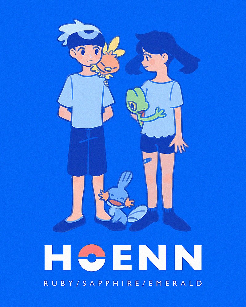 1boy 1girl ^_^ arms_behind_back bandaid bandaid_on_leg beanie blue_background blush brendan_(pokemon) closed_eyes closed_mouth creatures_(company) dot_nose english_text game_freak gen_3_pokemon hat holding holding_pokemon looking_at_another may_(pokemon) mudkip nata_(mmgt_nn) nintendo on_shoulder open_mouth poke_ball poke_ball_(basic) pokemon pokemon_(creature) pokemon_on_shoulder pokemon_rse shirt shoes short_sleeves shorts side-by-side simple_background smile standing t-shirt torchic treecko