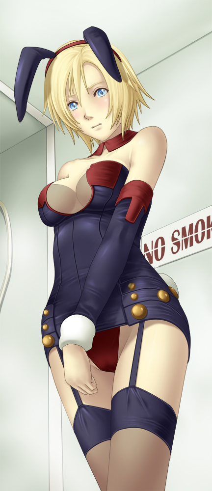 1girl aya_brea blonde_hair blue_eyes blue_pantyhose blush breasts bunny_girl cowboy_shot deep_rising detached_sleeves embarrassed garter_straps leotard looking_at_viewer medium_breasts no_smoking pantyhose parasite_eve_(series) parasite_eve_the_3rd_birthday playboy_bunny rabbit_ears solo thor_(deep_rising) wrist_cuffs