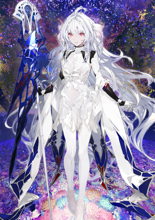 1girl ahoge arm_at_side bodysuit bracer breasts closed_mouth clothing_cutout covered_navel fate/grand_order fate_(series) full_body game_cg gloves hair_between_eyes hair_intakes hand_up high-low_dress holding holding_staff lady_avalon_(fate) lady_avalon_(third_ascension)_(fate) long_hair long_sidelocks looking_at_viewer medium_breasts merlin_(fate/prototype) official_art red_eyes shoes side_cutout sidelocks smile solo staff standing taiki_(luster) third-party_source turtleneck variant_set very_long_hair white_bodysuit white_gloves white_hair white_shoes