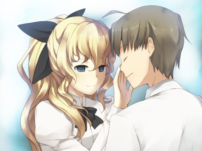1boy 1girl ahoge artist_request black_bow black_bowtie black_ribbon blind blonde_hair blue_eyes bow bowtie brown_hair closed_eyes closed_mouth collared_shirt eyelashes game_cg hair_ribbon hand_on_another&#039;s_face katawa_shoujo long_hair long_sleeves nakai_hisao non-web_source official_art ponytail ribbon satou_lilly shirt smile white_shirt