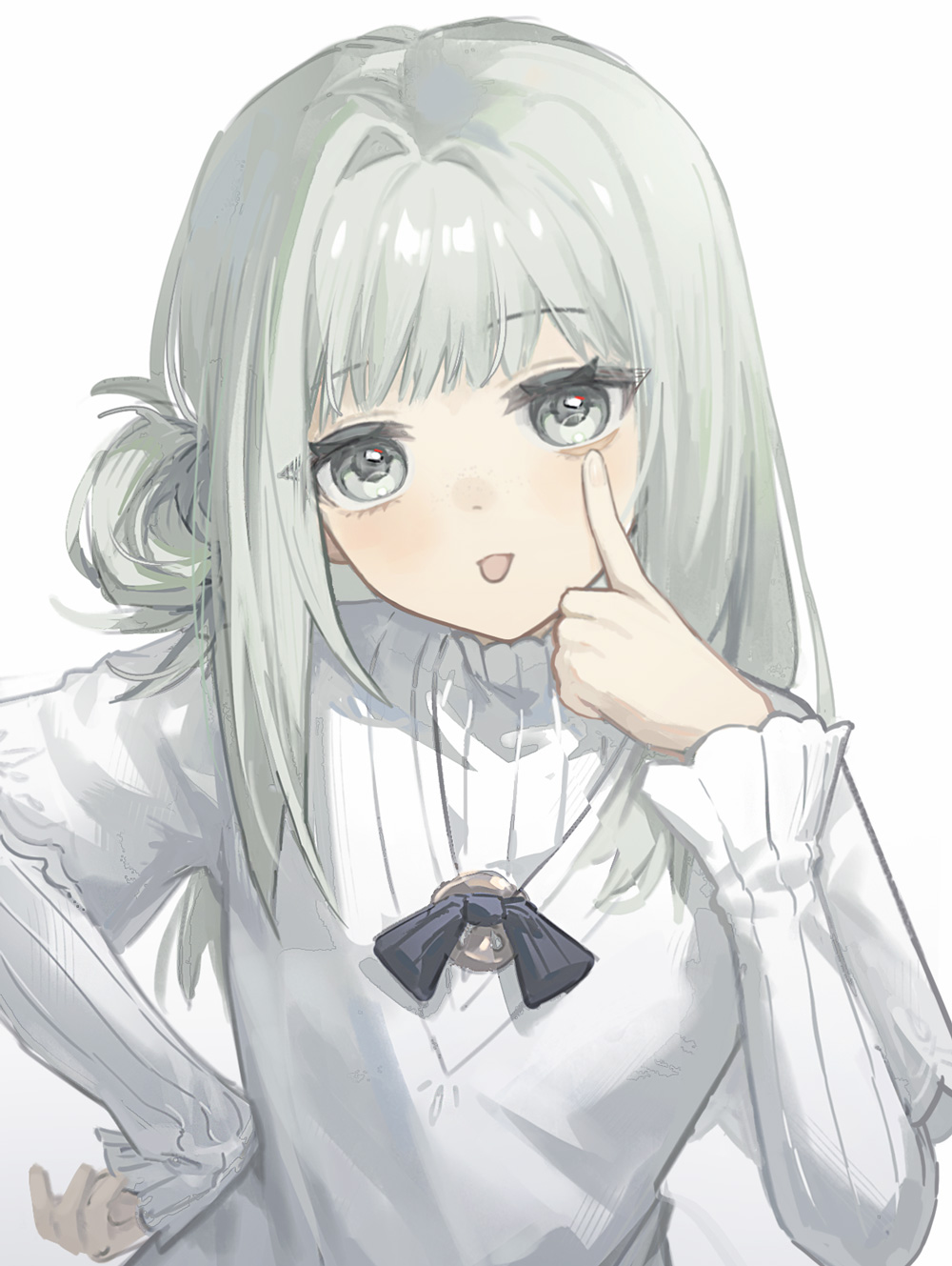 1girl :p aged_down black_bow black_bowtie bow bowtie dress eyelid_pull finger_to_eye grey_eyes hair_bun hand_on_own_hip hand_up highres index_finger_raised layered_sleeves long_hair long_sleeves looking_at_viewer reverse:1999 short_over_long_sleeves short_sleeves single_side_bun solo tongue tongue_out traditional_bowtie upper_body vertin_(reverse:1999) white_background white_dress yukiri_(l_ii)