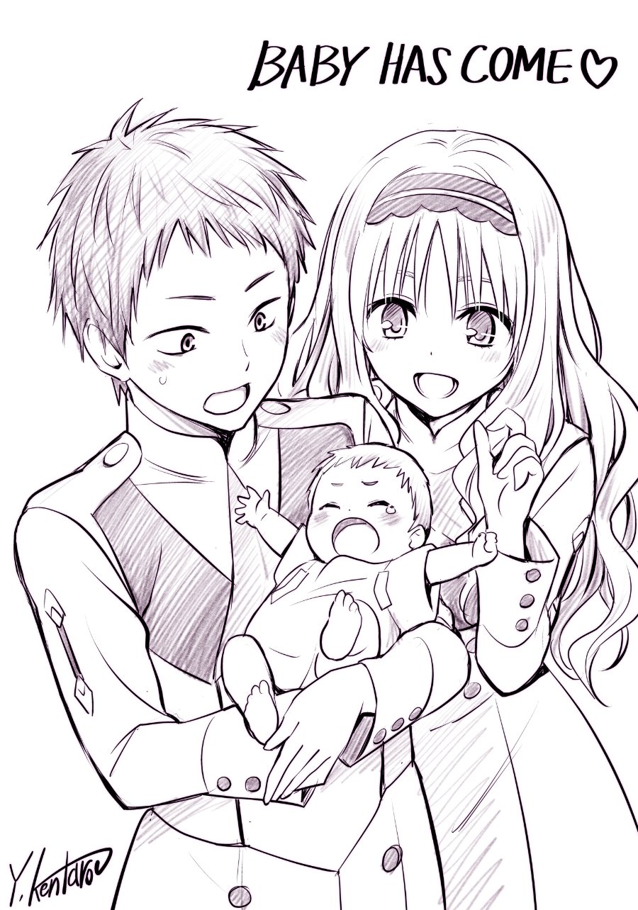 1boy 1girl artist_name baby blush commentary_request darling_in_the_franxx english_text happy highres kokoro_(darling_in_the_franxx) long_hair mitsuru_(darling_in_the_franxx) monochrome open_mouth parent_and_child shirt signature simple_background sketch smile white_background yabuki_kentarou